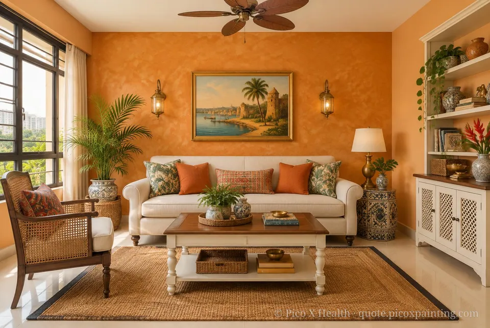Cartagena Colonial Soft / Airy living room — Gush Core/Care Mango (OR002B) walls with a Raffles Mandarin Mirage limewash feature wall and Cartagena Colonial furnishings