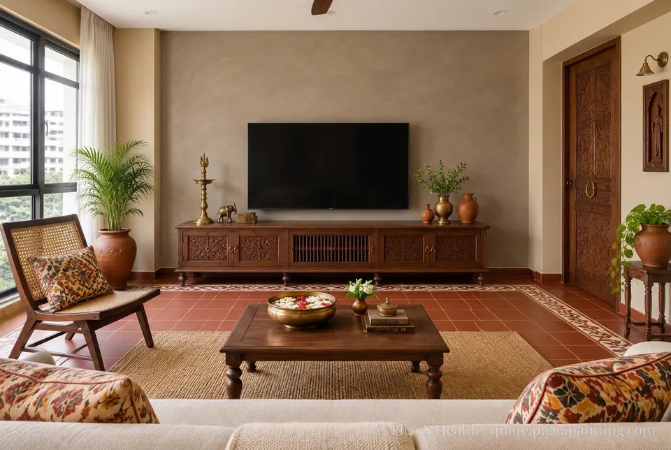 Chettinad Heritage Rich / Statement living room — Gush Core/Care Sandy Mandy (NE005B) walls with a Raffles Mocha Silk limewash feature wall and Chettinad Heritage furnishings