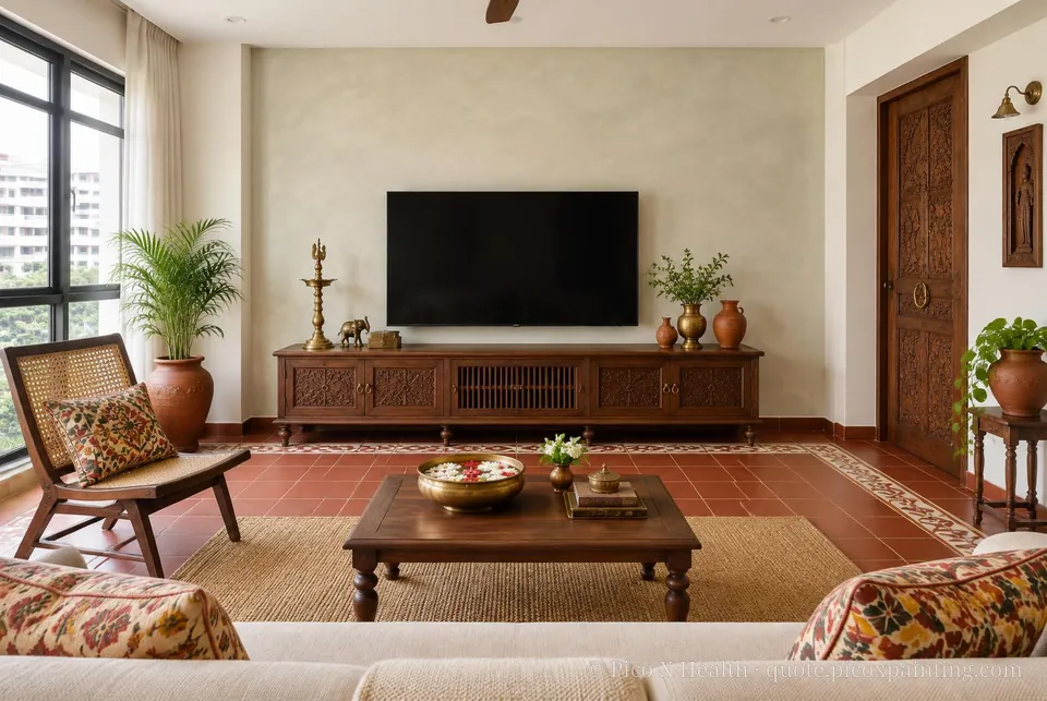Chettinad Heritage Soft / Airy living room — Gush Core/Care Pillowtalk (WH006A) walls with a Raffles Soft Linen limewash feature wall and Chettinad Heritage furnishings