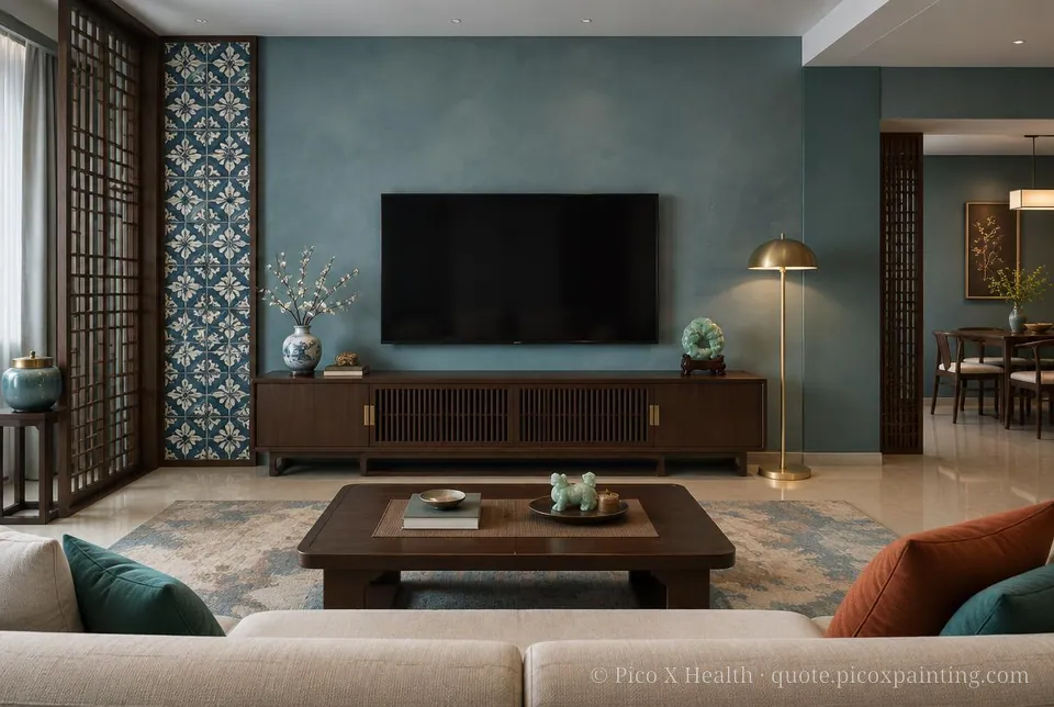 Chinese Contemporary Rich / Statement living room — Gush Core/Care Fahrenheit (BL045B) walls with a Raffles Steel Blue limewash feature wall and Chinese Contemporary furnishings