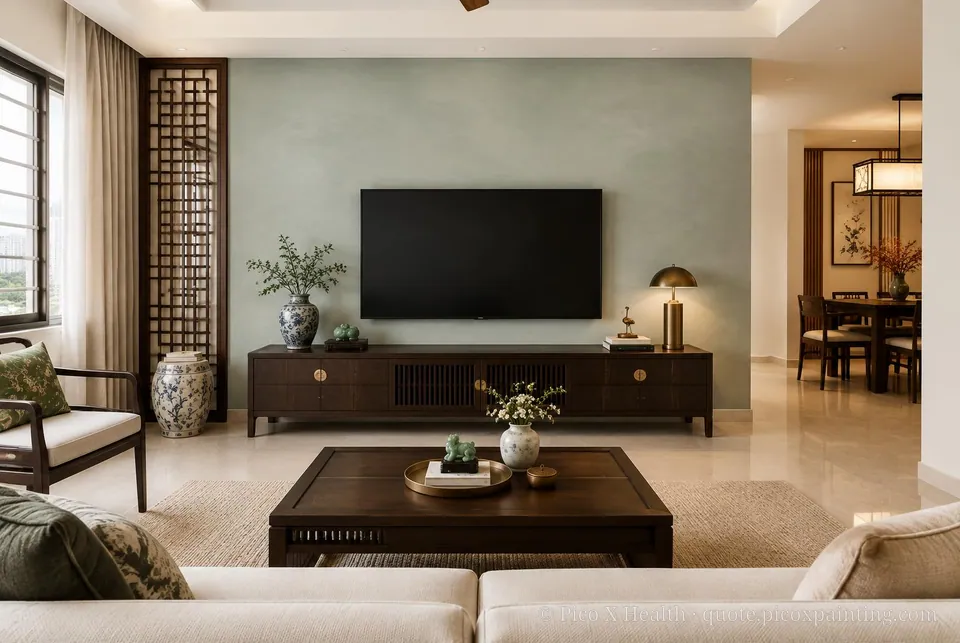 Chinese Contemporary Soft / Airy living room — Gush Core/Care Nasi (WH011A) walls with a Raffles Sage Sky limewash feature wall and Chinese Contemporary furnishings