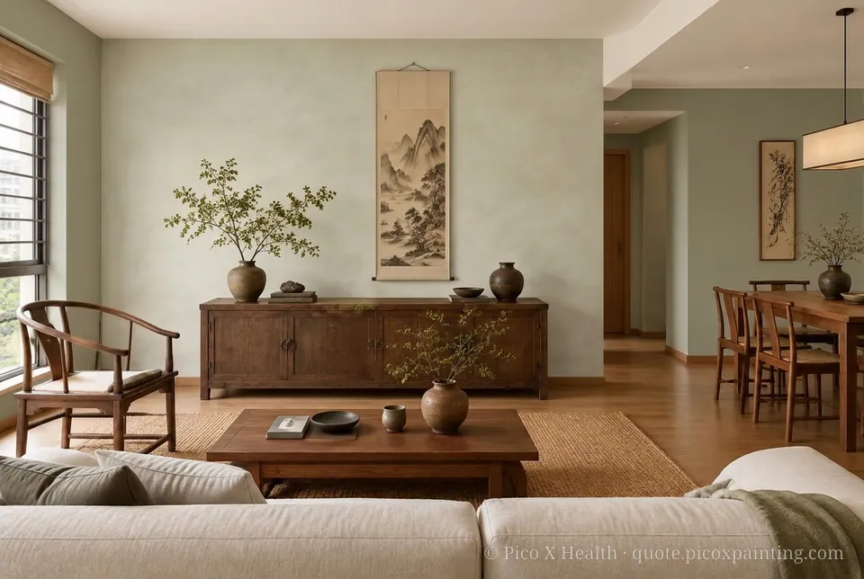 Chinese Minimalism Rich / Statement living room — Gush Core/Care Malfoy (GR020B) walls with a Raffles Silver Sage limewash feature wall and Chinese Minimalism furnishings