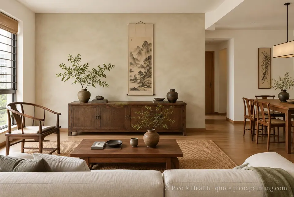 Chinese Minimalism Soft / Airy living room — Gush Core/Care Nasi (WH011A) walls with a Raffles Soft Linen limewash feature wall and Chinese Minimalism furnishings