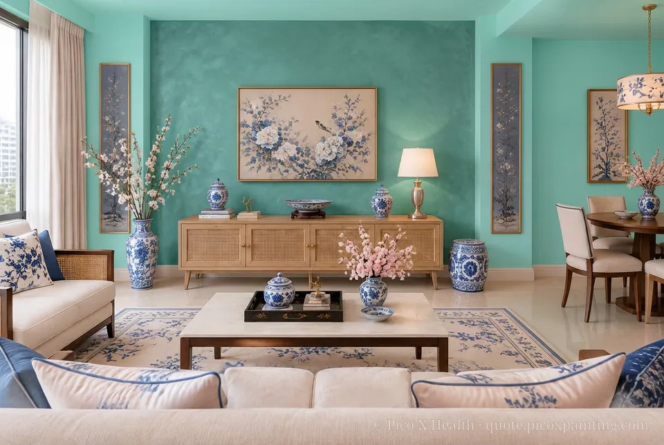 Chinoiserie Rich / Statement living room — Gush Core/Care Spark Plug (BG002A) walls with a Raffles Jade Oasis limewash feature wall and Chinoiserie furnishings