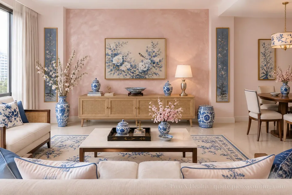 Chinoiserie Soft / Airy living room — Gush Core/Care Pinky Swear (PI000A) walls with a Raffles Cherry Blossom limewash feature wall and Chinoiserie furnishings