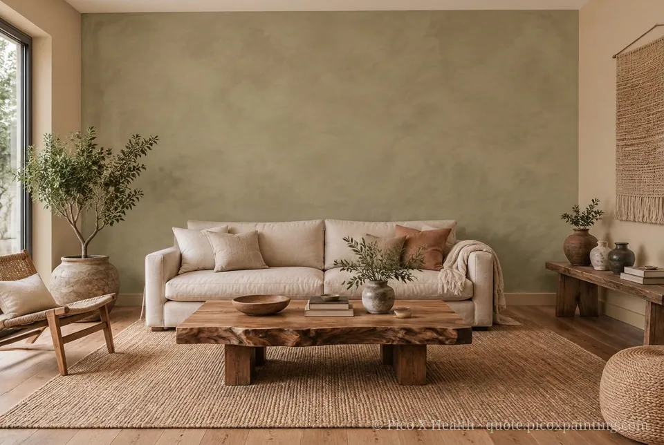 Contemporary Craft Rich / Statement living room — Gush Core/Care Coffee Beam (NE015B) walls with a Raffles Military Gray limewash feature wall and Contemporary Craft furnishings