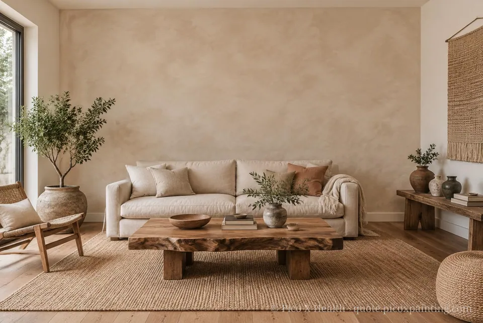 Contemporary Craft Soft / Airy living room — Gush Core/Care Prana (NE024A) walls with a Raffles Cotton Candy limewash feature wall and Contemporary Craft furnishings