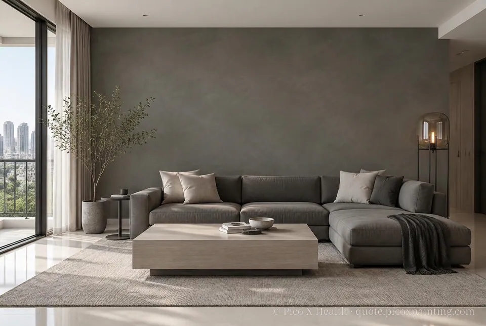 Contemporary Rich / Statement living room — Gush Core/Care Window Gazing (XR005A) walls with a Raffles Foggy Gray limewash feature wall and Contemporary furnishings