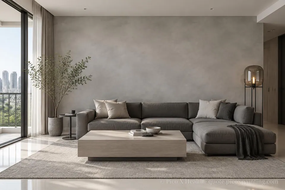 Contemporary Soft / Airy living room — Gush Core/Care Fairytale (XR076A) walls with a Raffles Ashen Mist limewash feature wall and Contemporary furnishings
