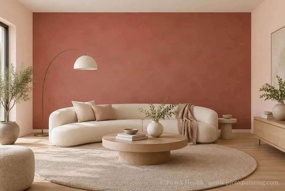 Curved Modern Rich / Statement living room — Gush Core/Care Homecoming (PI012B) walls with a Raffles Terracota limewash feature wall and Curved Modern furnishings