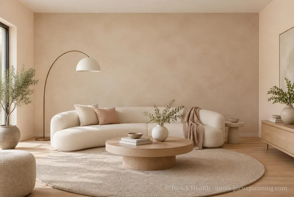 Curved Modern Soft / Airy living room — Gush Core/Care Private Island (PI011A) walls with a Raffles Cotton Candy limewash feature wall and Curved Modern furnishings