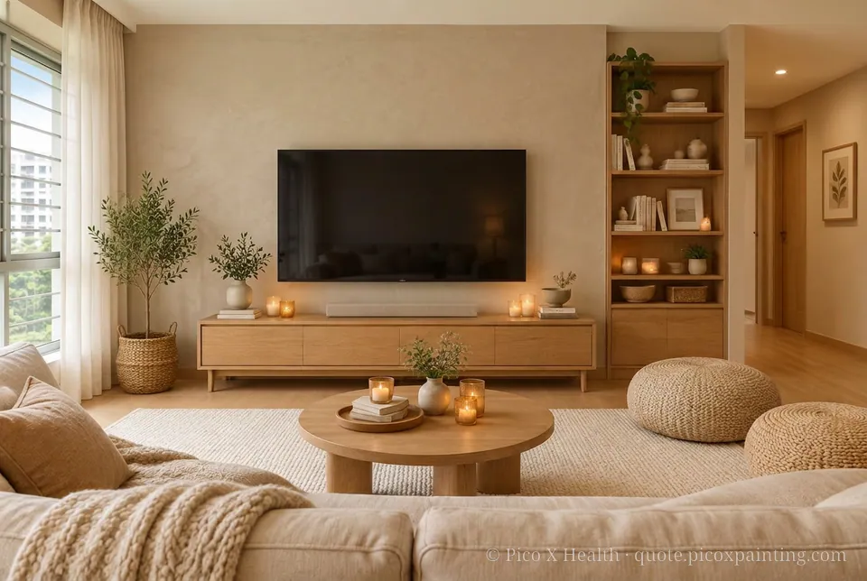 Danish Hygge Rich / Statement living room — Gush Core/Care Teh Tarik (NE053B) walls with a Raffles Mocha Silk limewash feature wall and Danish Hygge furnishings