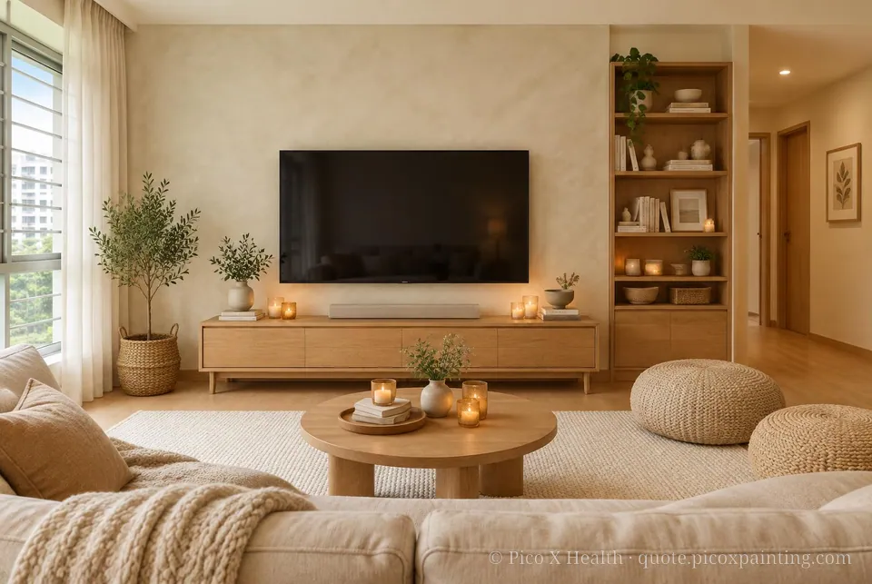 Danish Hygge Soft / Airy living room — Gush Core/Care Marsh & Mellow (WH016B) walls with a Raffles Champange Cream limewash feature wall and Danish Hygge furnishings