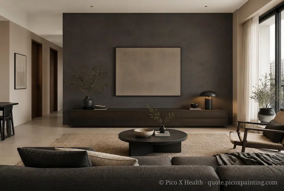 Dark Japandi Rich / Statement living room — Gush Core/Care Bao (NE054B) walls with a Raffles Charcoal Shadow limewash feature wall and Dark Japandi furnishings