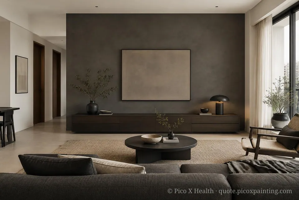 Dark Japandi Soft / Airy living room — Gush Core/Care Nasi (WH011A) walls with a Raffles Foggy Gray limewash feature wall and Dark Japandi furnishings