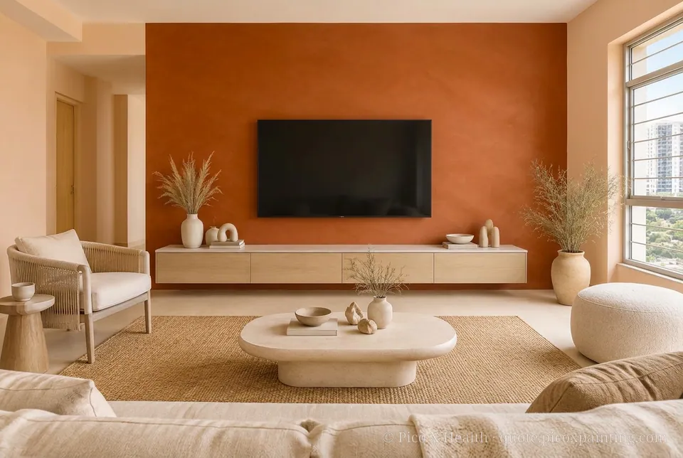 Desert Modern Rich / Statement living room — Gush Core/Care Breadwinner (NE028B) walls with a Raffles Burnt Amber limewash feature wall and Desert Modern furnishings