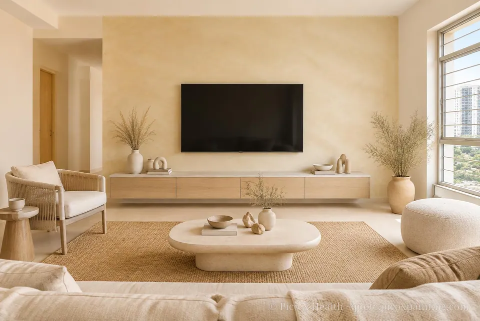 Desert Modern Soft / Airy living room — Gush Core/Care Deckchair (NE047A) walls with a Raffles Sugar Terra limewash feature wall and Desert Modern furnishings