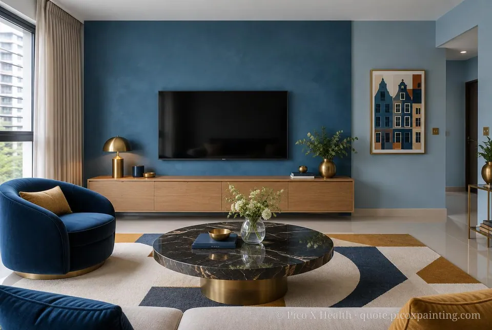 Dutch Modern Rich / Statement living room — Gush Core/Care Dreamboat (BL009B) walls with a Raffles Indigo Lagoon limewash feature wall and Dutch Modern furnishings