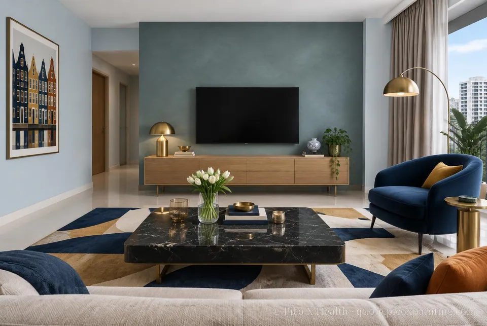 Dutch Modern Soft / Airy living room — Gush Core/Care Mindful (BL000A) walls with a Raffles Steel Blue limewash feature wall and Dutch Modern furnishings