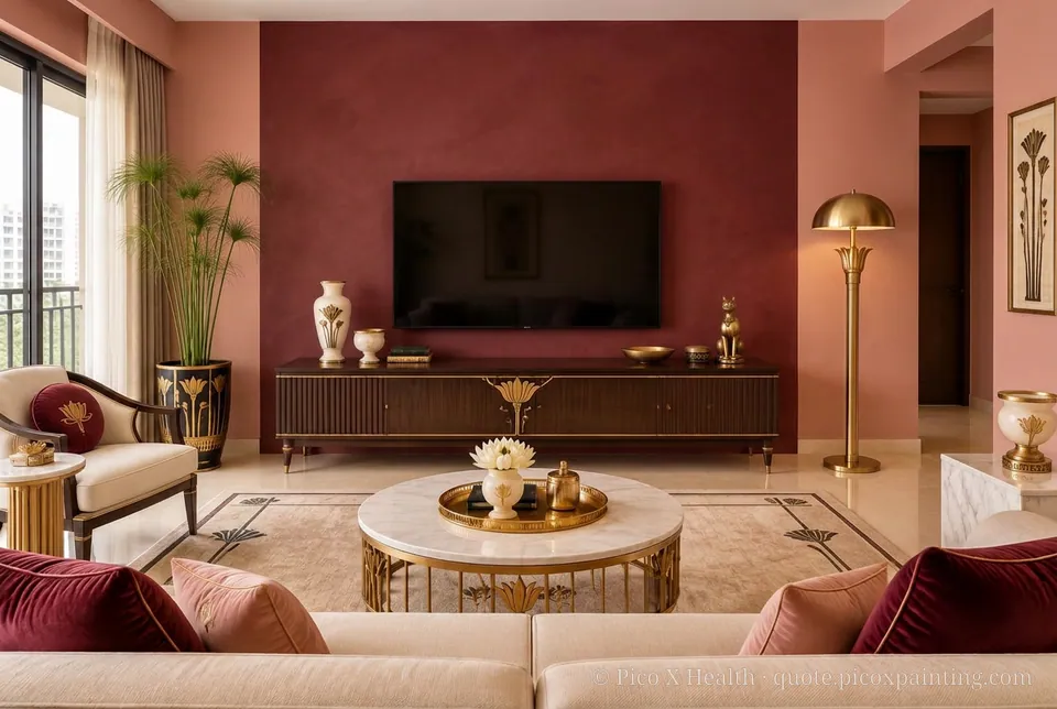 Egyptian Revival Rich / Statement living room — Gush Core/Care Date Night (RE000B) walls with a Raffles Burgundy Bazaar limewash feature wall and Egyptian Revival furnishings
