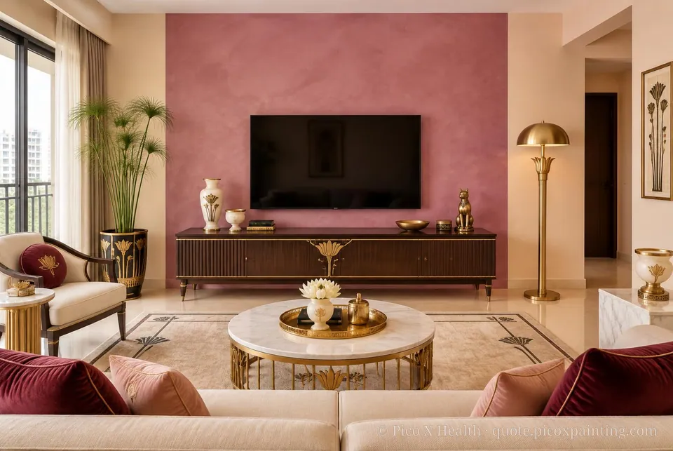 Egyptian Revival Soft / Airy living room — Gush Core/Care Bellylaugh (PI009A) walls with a Raffles Velvet Burg limewash feature wall and Egyptian Revival furnishings