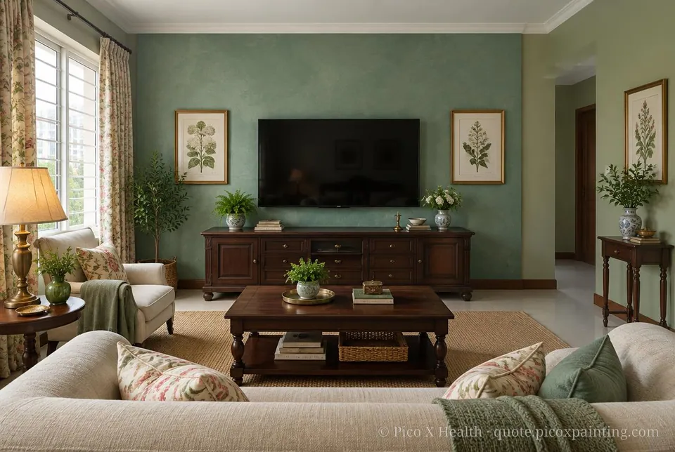 English Country Rich / Statement living room — Gush Core/Care Malfoy (GR020B) walls with a Raffles Divine Fern limewash feature wall and English Country furnishings