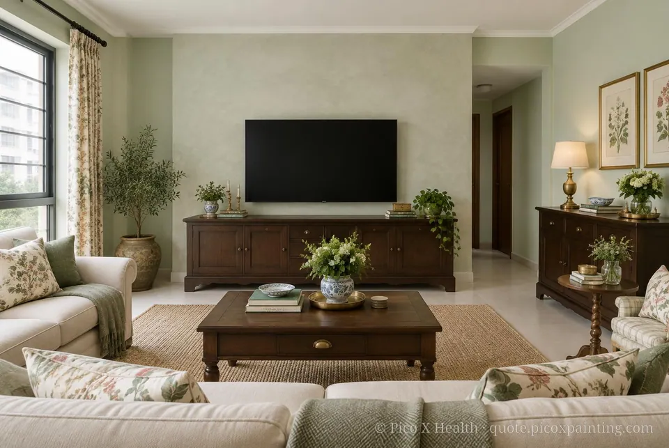 English Country Soft / Airy living room — Gush Core/Care Foliage (GR009A) walls with a Raffles Silver Sage limewash feature wall and English Country furnishings