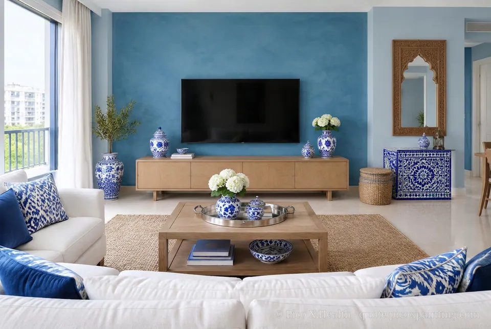 Fez Blue Rich / Statement living room — Gush Core/Care Dreamboat (BL009B) walls with a Raffles Indigo Lagoon limewash feature wall and Fez Blue furnishings