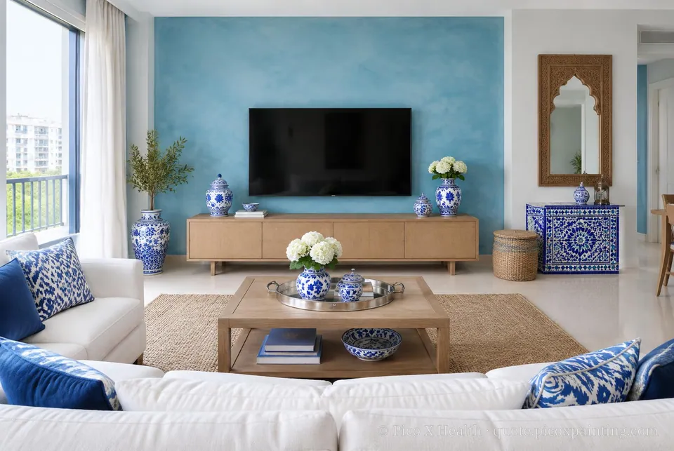 Fez Blue Soft / Airy living room — Gush Core/Care Solstice (BL025A) walls with a Raffles Azure Sky limewash feature wall and Fez Blue furnishings