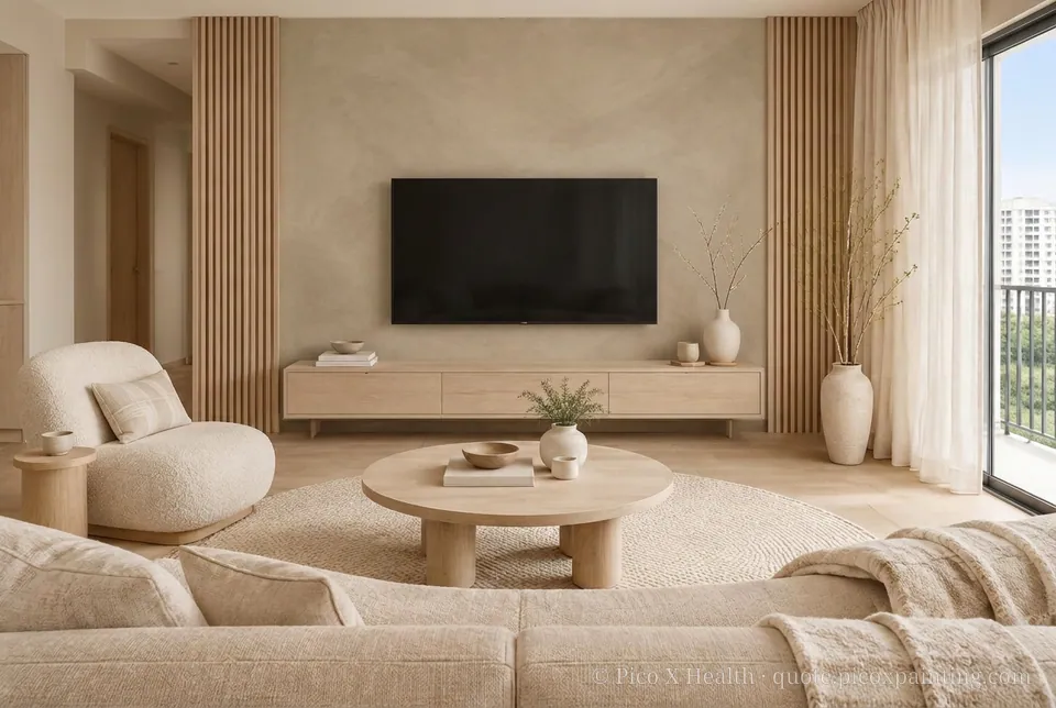 Finnish Sauna Rich / Statement living room — Gush Core/Care Sandy Mandy (NE005B) walls with a Raffles Mocha Silk limewash feature wall and Finnish Sauna furnishings