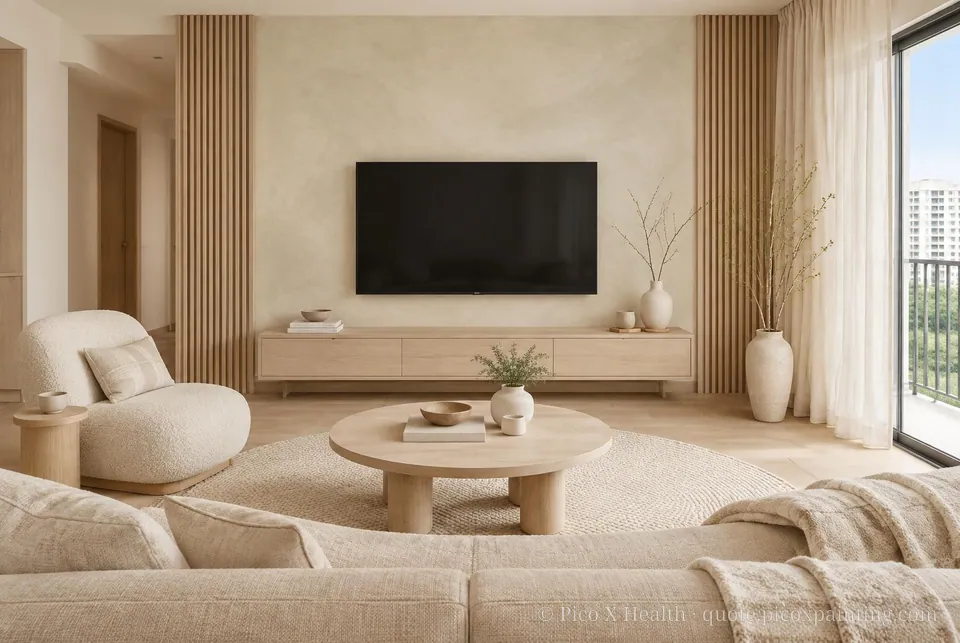 Finnish Sauna Soft / Airy living room — Gush Core/Care Pillowtalk (WH006A) walls with a Raffles Soft Linen limewash feature wall and Finnish Sauna furnishings