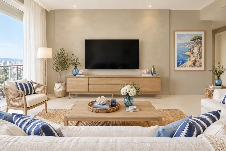 French Riviera Rich / Statement living room — Gush Core/Care Sandy Mandy (NE005B) walls with a Raffles Mocha Silk limewash feature wall and French Riviera furnishings
