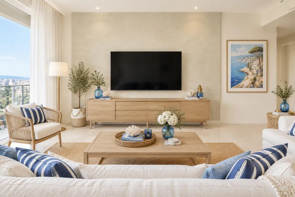 French Riviera Soft / Airy living room — Gush Core/Care Pillowtalk (WH006A) walls with a Raffles Soft Linen limewash feature wall and French Riviera furnishings