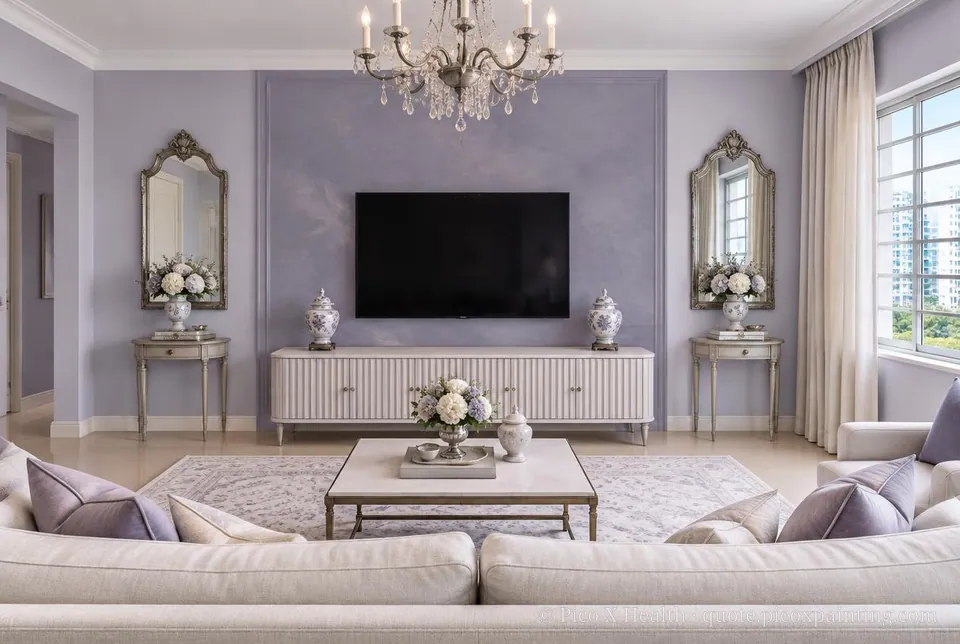 Georgian Rich / Statement living room — Gush Core/Care Dulcet (PU015A) walls with a Raffles Lavender Dream limewash feature wall and Georgian furnishings