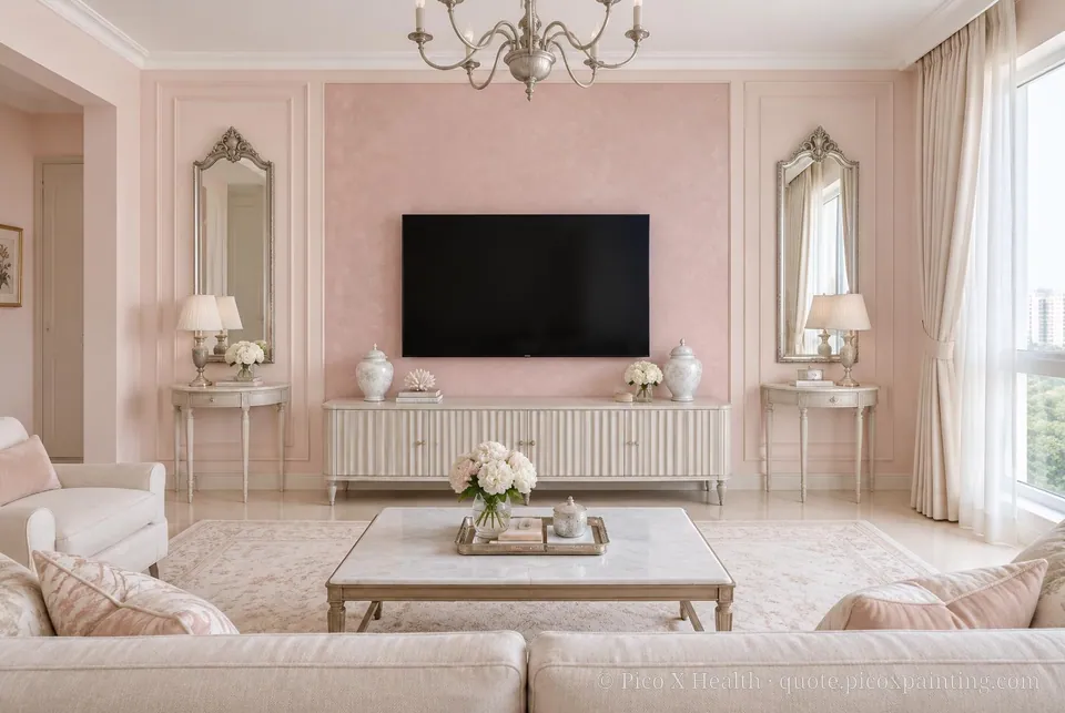 Georgian Soft / Airy living room — Gush Core/Care Flowerpath (PI007A) walls with a Raffles Cherry Blossom limewash feature wall and Georgian furnishings
