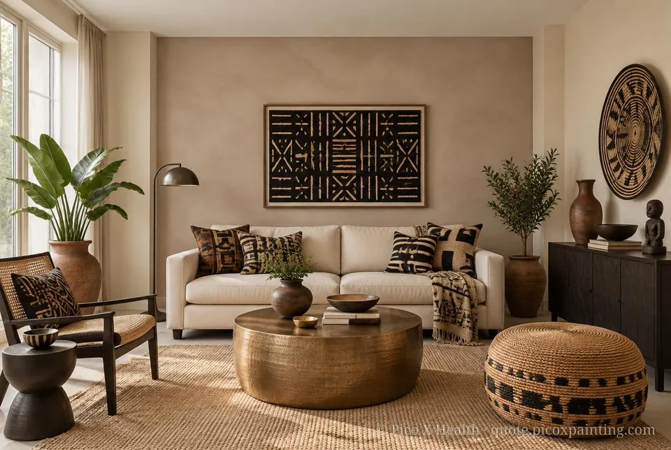 Ghanaian Craft Rich / Statement living room — Gush Core/Care Sandy Mandy (NE005B) walls with a Raffles Mocha Silk limewash feature wall and Ghanaian Craft furnishings