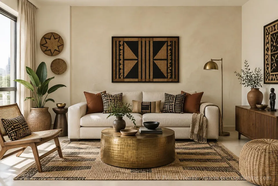 Ghanaian Craft Soft / Airy living room — Gush Core/Care Pillowtalk (WH006A) walls with a Raffles Soft Linen limewash feature wall and Ghanaian Craft furnishings