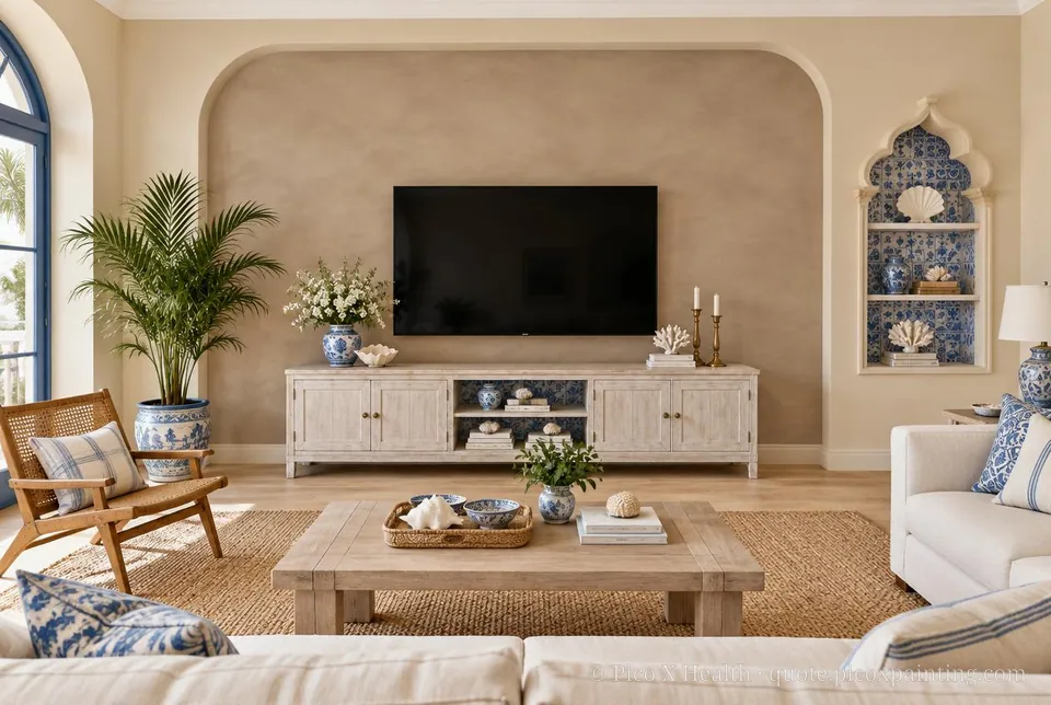 Goa Portuguese Rich / Statement living room — Gush Core/Care Sandy Mandy (NE005B) walls with a Raffles Mocha Silk limewash feature wall and Goa Portuguese furnishings