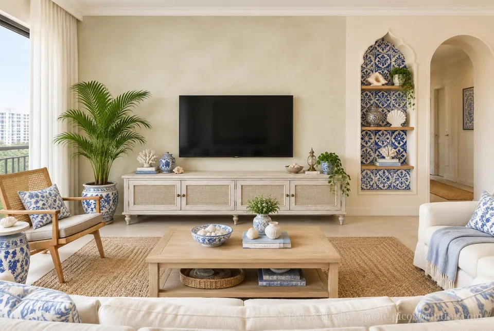 Goa Portuguese Soft / Airy living room — Gush Core/Care Pillowtalk (WH006A) walls with a Raffles Soft Linen limewash feature wall and Goa Portuguese furnishings