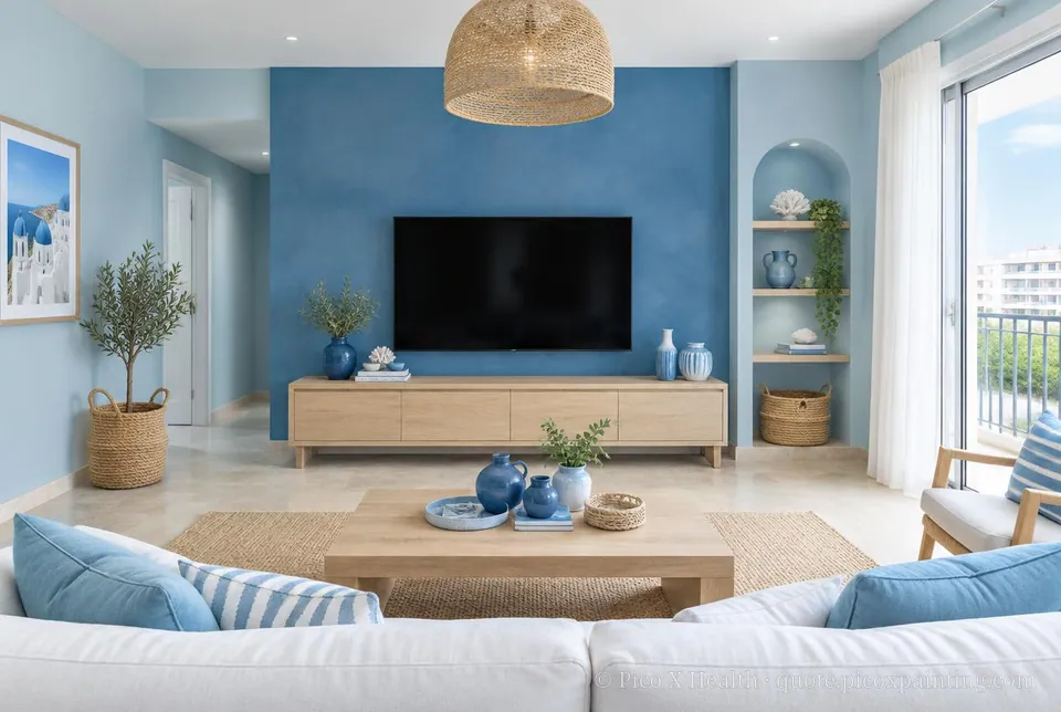 Greek Island Rich / Statement living room — Gush Core/Care Shallow (BL001A) walls with a Raffles Indigo Lagoon limewash feature wall and Greek Island furnishings