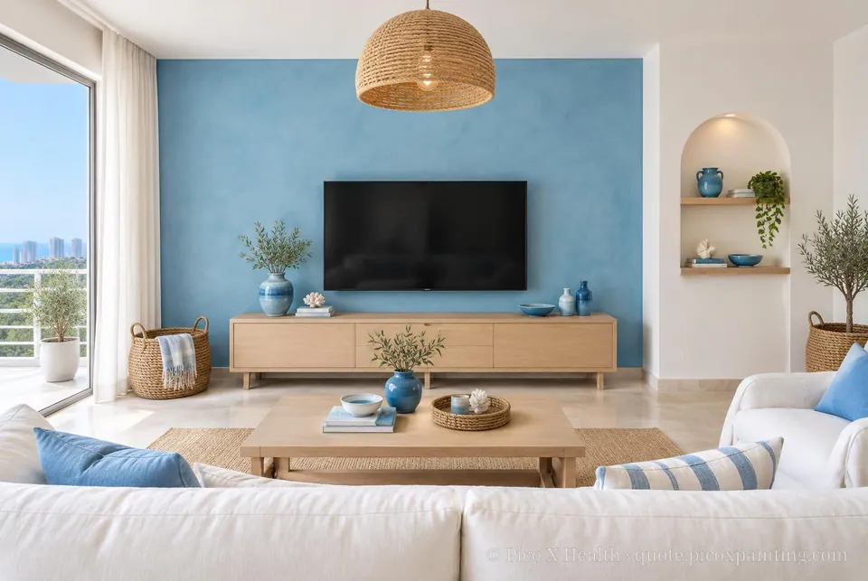 Greek Island Soft / Airy living room — Gush Core/Care All Good Things (WH000A) walls with a Raffles Azure Sky limewash feature wall and Greek Island furnishings