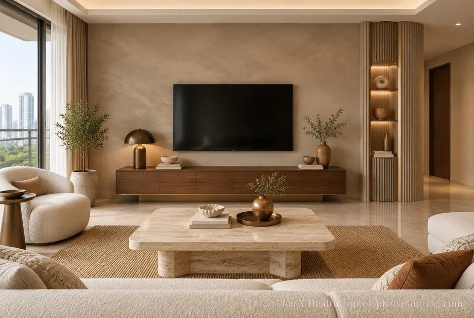 Gulf Contemporary Luxury Rich / Statement living room — Gush Core/Care Coffee Beam (NE015B) walls with a Raffles Mocha Silk limewash feature wall and Gulf Contemporary Luxury furnishings