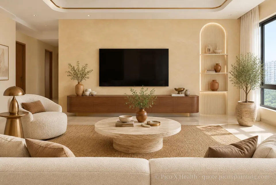 Gulf Contemporary Luxury Soft / Airy living room — Gush Core/Care Deckchair (NE047A) walls with a Raffles Sugar Terra limewash feature wall and Gulf Contemporary Luxury furnishings