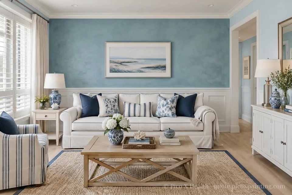 Hamptons Rich / Statement living room — Gush Core/Care Mindful (BL000A) walls with a Raffles Stormy Ocean limewash feature wall and Hamptons furnishings
