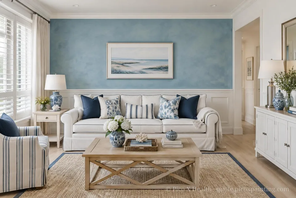 Hamptons Soft / Airy living room — Gush Core/Care All Good Things (WH000A) walls with a Raffles Azure Sky limewash feature wall and Hamptons furnishings
