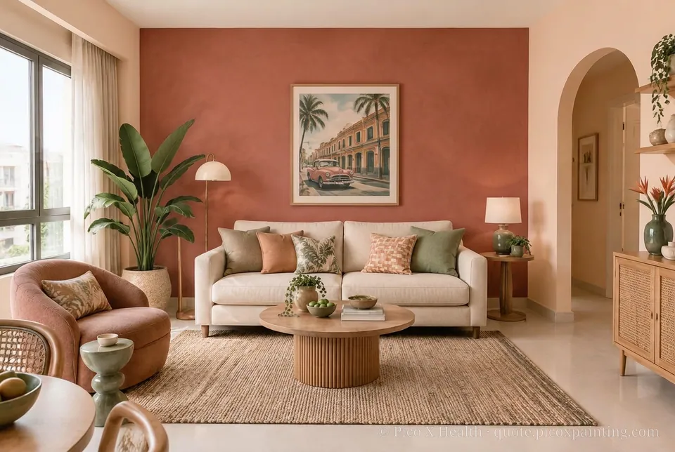 Havana Retro Rich / Statement living room — Gush Core/Care Homecoming (PI012B) walls with a Raffles Terracota limewash feature wall and Havana Retro furnishings