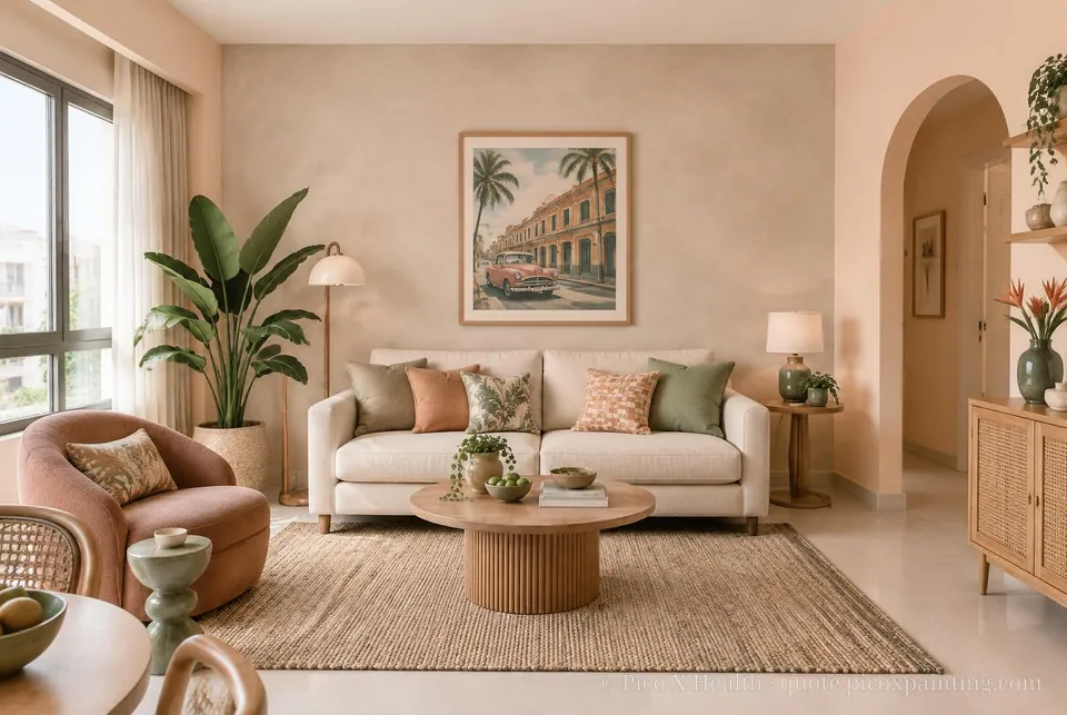 Havana Retro Soft / Airy living room — Gush Core/Care Private Island (PI011A) walls with a Raffles Cotton Candy limewash feature wall and Havana Retro furnishings