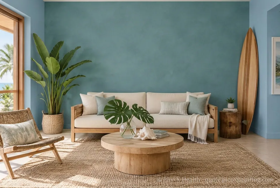Hawaiian Modern Rich / Statement living room — Gush Core/Care Faye's Theme (BL030B) walls with a Raffles Stormy Ocean limewash feature wall and Hawaiian Modern furnishings