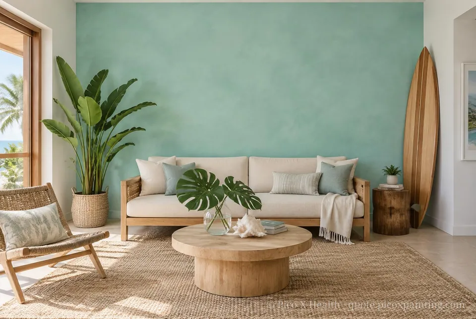 Hawaiian Modern wellness painting theme living room with Aqua Fern Raffles limewash feature wall