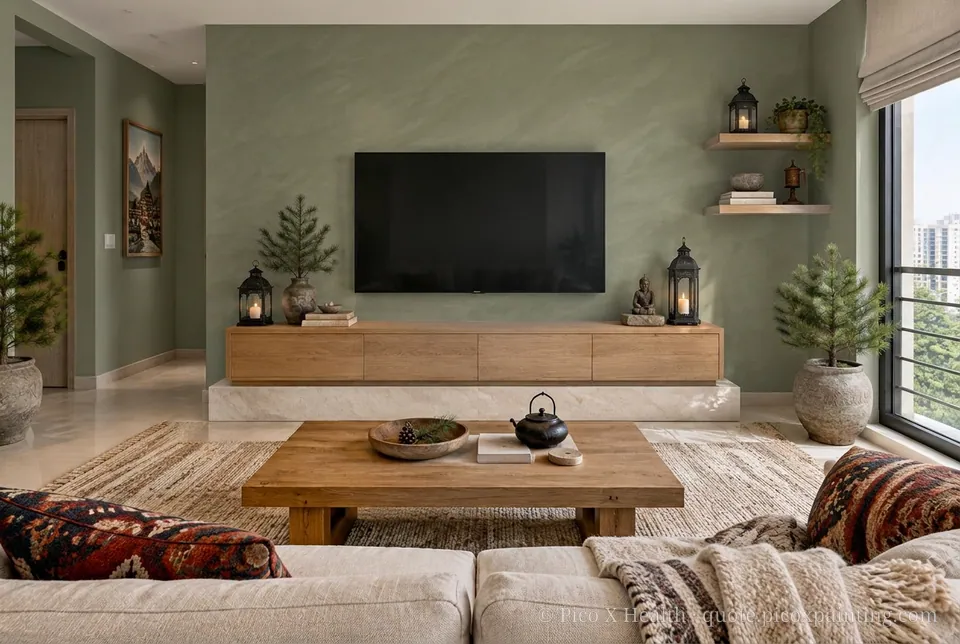 Himalayan Retreat Rich / Statement living room — Gush Core/Care Malfoy (GR020B) walls with a Raffles Olive Overturn limewash feature wall and Himalayan Retreat furnishings